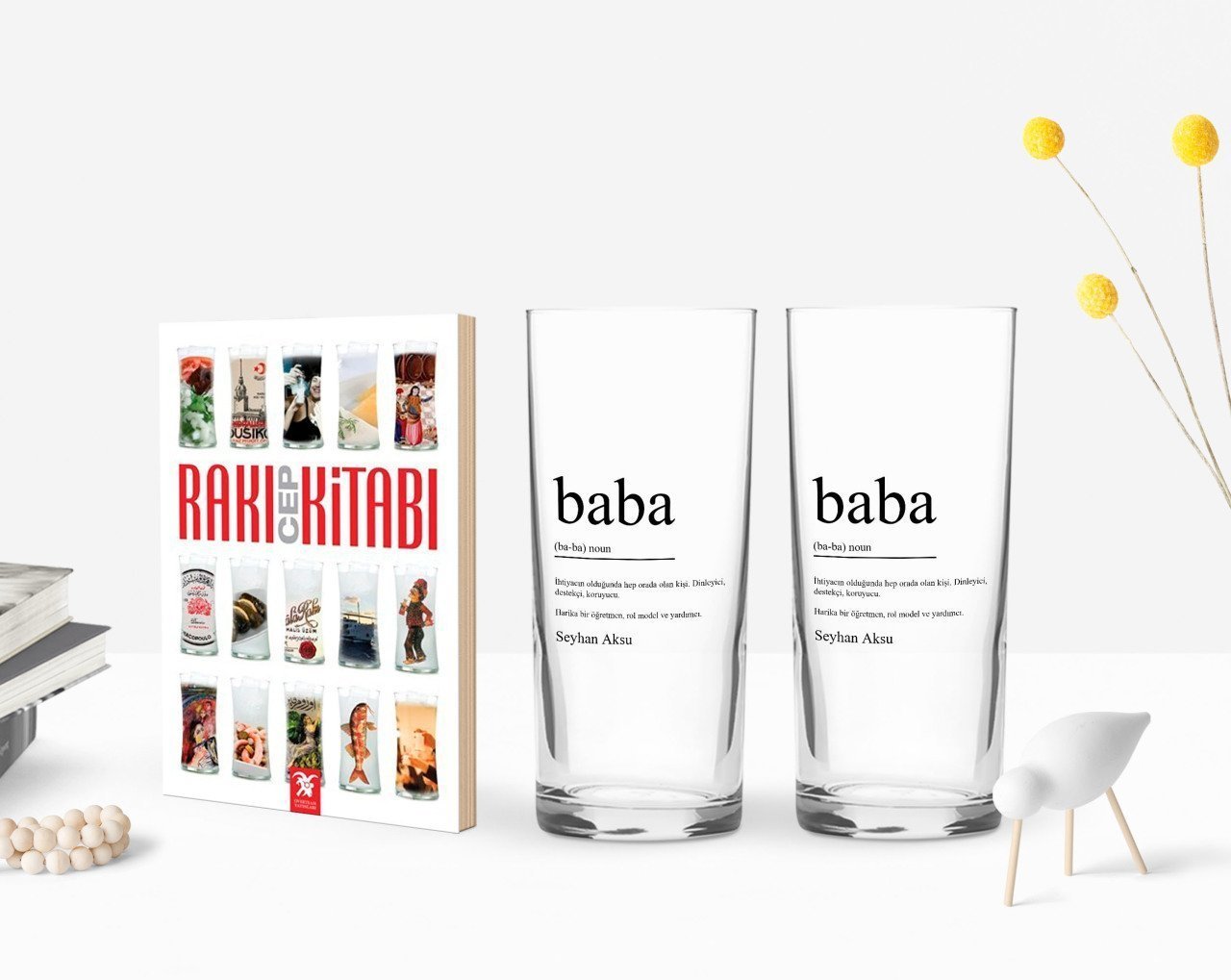 Kişiye Özel Renkli Baskılı Baba Tasarımlı İkili Rakı Bardağı ve Rakı Cep Kitabı Hediye Seti-1