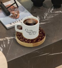 Kişiye Özel Retro Motif Tasarımlı Doğal Ahşap Tabaklı Türk Kahvesi Fincanı Model 13