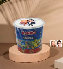 Kişiye Özel Sevgililer Karikatürlü Dev Boy Haribo Minis Kovası (10gx100adet) Model 93