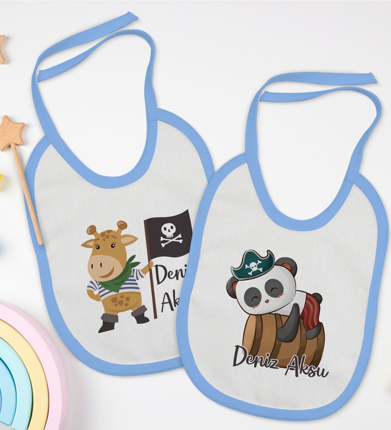 BK Kids Kişiye Özel Sevimli Korsan Tasarımlı 2’li Mavi Mama Önlüğü-1
