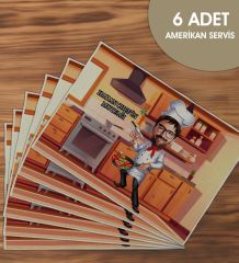 BK Gift Kişiye Özel Karikatürlü 6’li Keten Amerikan Servis Seti-4, Ev Hediyesi,Baskılı Servis Bezi, Mutfak Dekoru