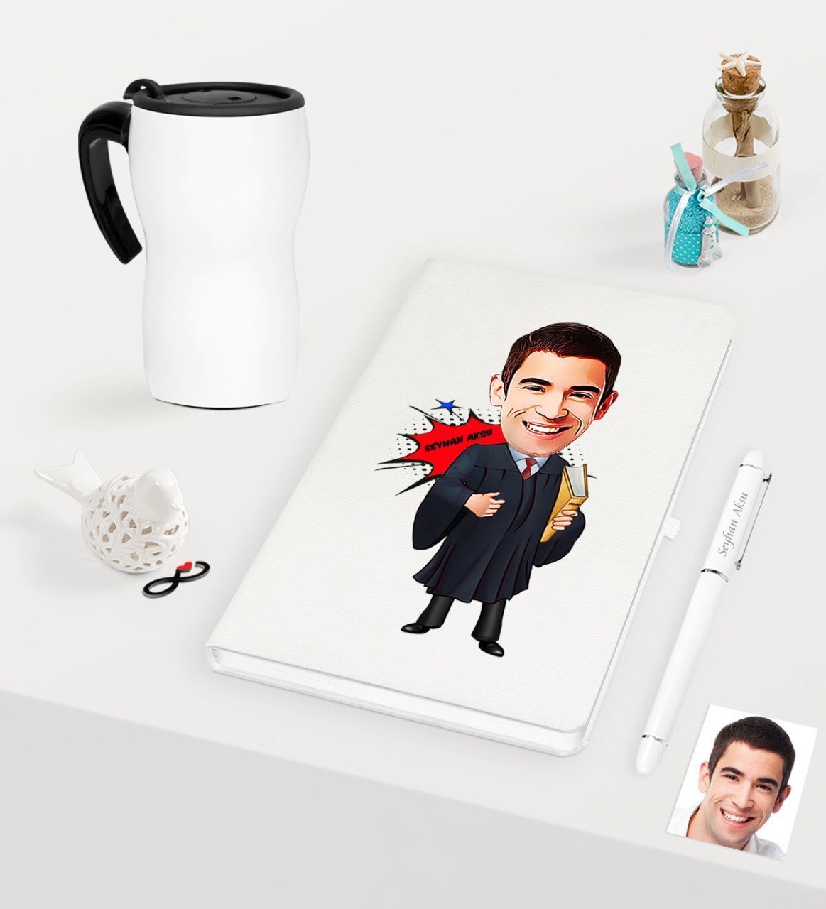 Kişiye Özel Bay Avukat Karikatürlü Beyaz Defter Kalem ve Termos Mug Seti  - 1