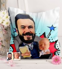 Kişiye Özel Baba Oğul Karikatürlü Saten Yastık - 1