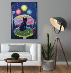 BK Home Gezegen Döngüsündeki Siyah Kedi Tasarımlı Kanvas Tablo 50x70cm