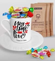 Kişiye Özel Sevgililer Günü Türk Kahvesi Fincanı Mehmet Efendi Kahve ve Haribo Şeker Hediye Seti-73