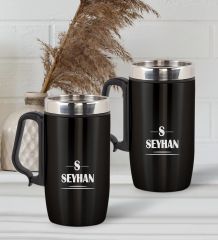 BK Gift Kişiye Özel Deri Çantalı Siyah Seyahat Termosu ve İkili Termos Mug Hediye Seti -7