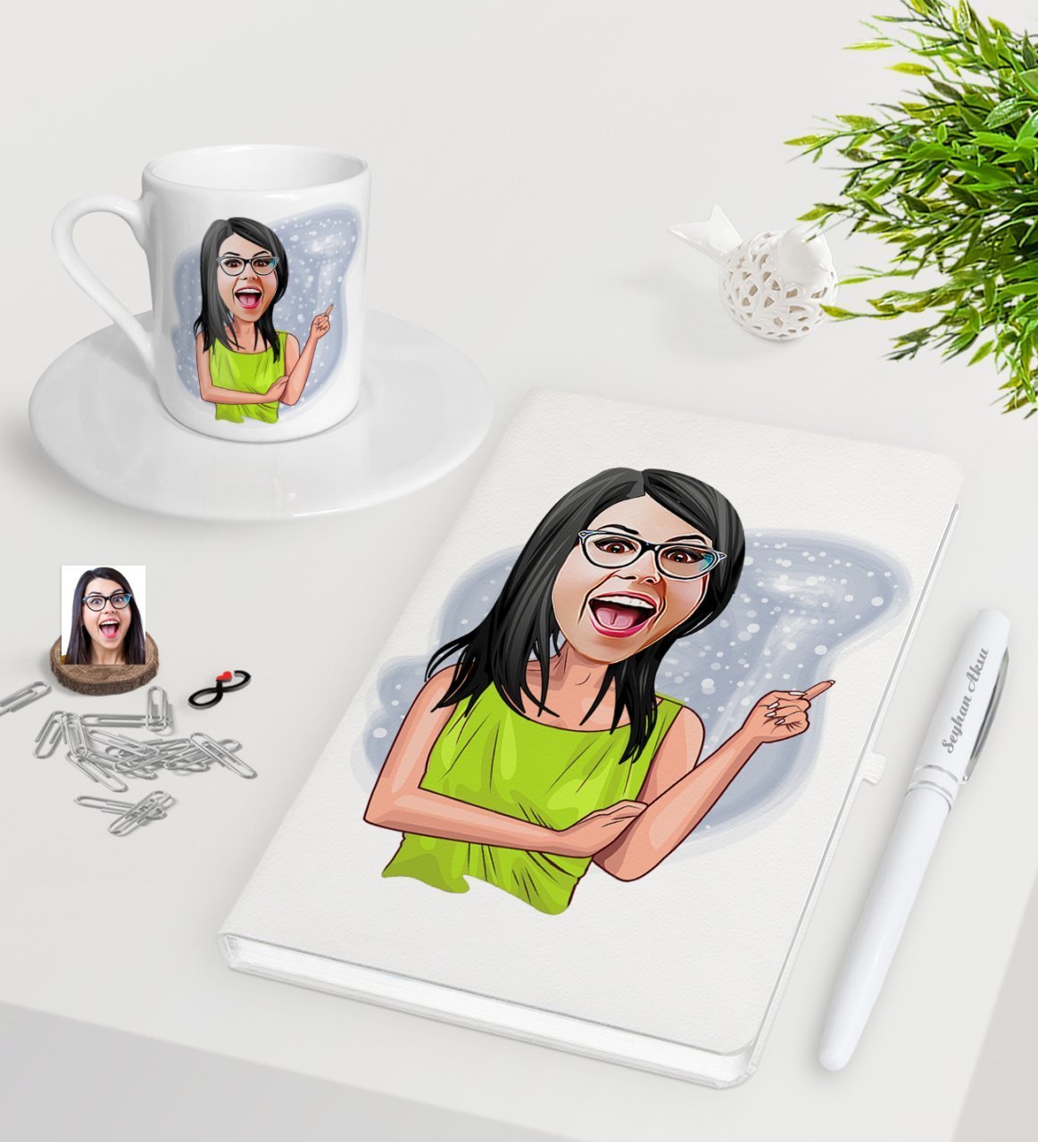 Kişiye Özel Bayan Karikatürlü Beyaz Defter Kalem Türk Kahvesi Fincanı Seti-19