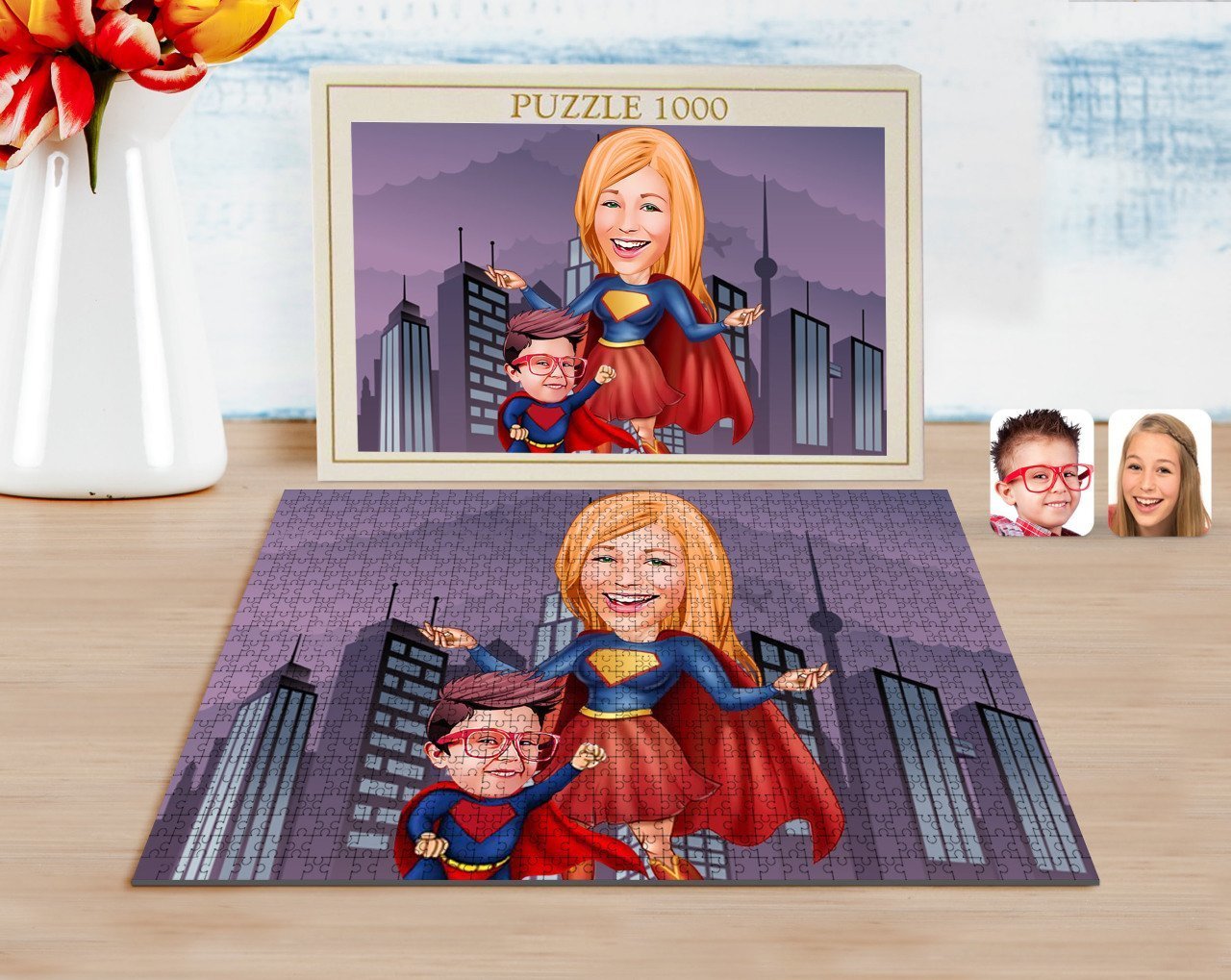 Kişiye Özel Süper Anne ve Çocuk Karikatürlü 1000 Parça Profesyonel Puzzle