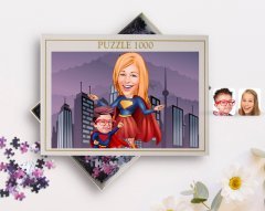 Kişiye Özel Süper Anne ve Çocuk Karikatürlü 1000 Parça Profesyonel Puzzle