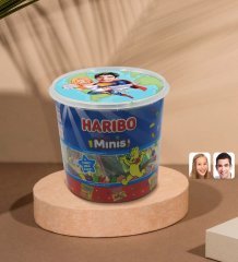 Kişiye Özel Sevgililer Karikatürlü Dev Boy Haribo Minis Kovası (10gx100adet) Model 92
