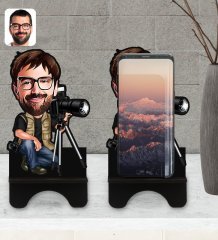 Kişiye Özel Erkek Fotoğrafçı Karikatürlü Ahşap Biblo Telefon Standı-1