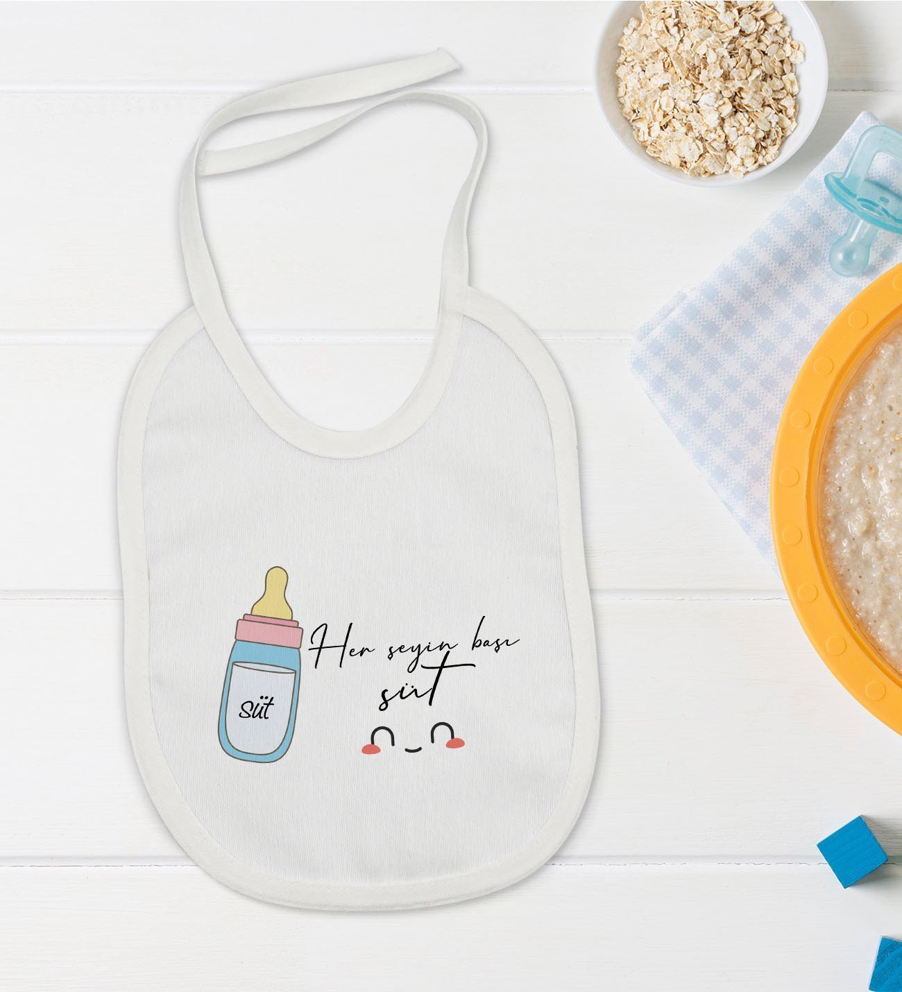 BK Kids Her Şeyin Başı Süt Tasarımlı Bebek Mama Önlüğü - Model 1