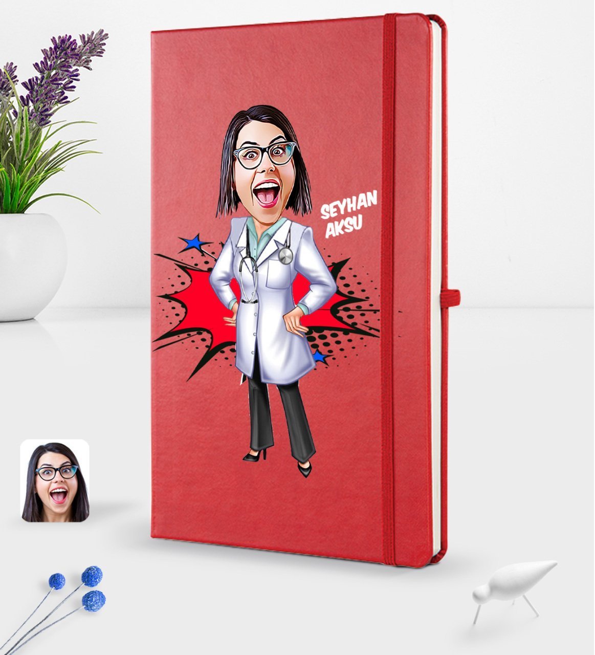 Kişiye Özel Kadın Doktor Karikatürlü Kırmızı Termo Deri Defter 16x24cm Model 1