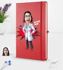 Kişiye Özel Kadın Doktor Karikatürlü Kırmızı Termo Deri Defter 16x24cm Model 1