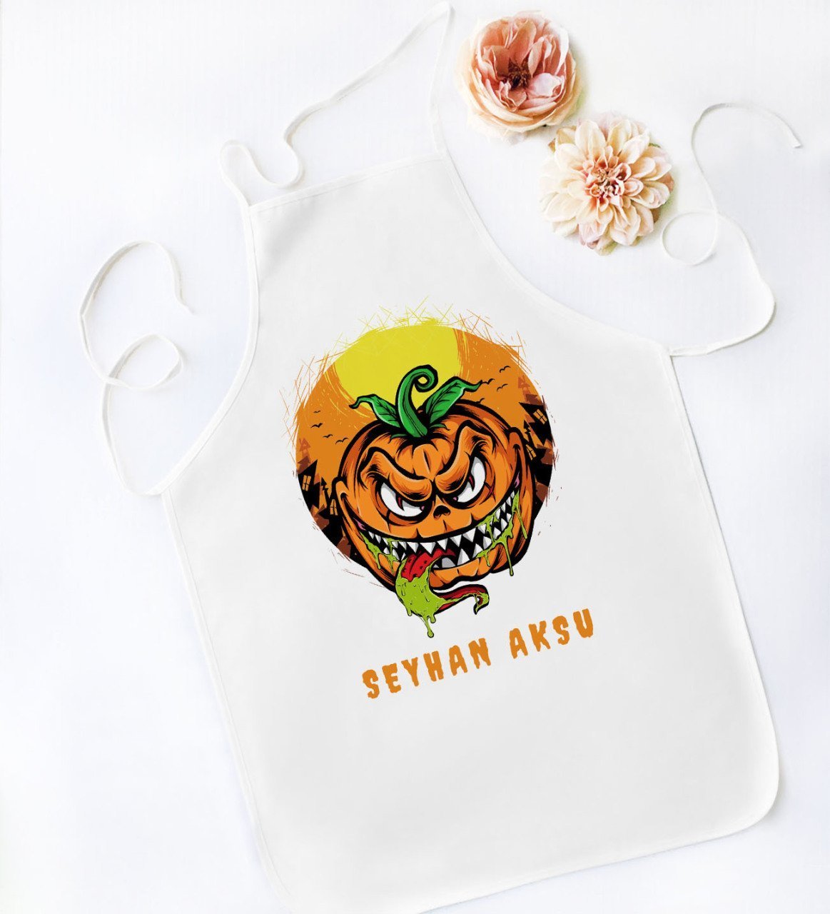 Kişiye Özel Happy Halloween Tasarımlı Beyaz Mutfak Önlüğü-5