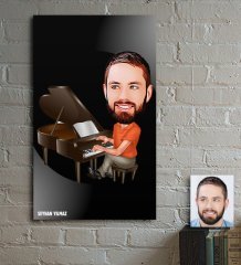 Kişiye Özel Bay Piyanist Karikatür Ahşap Tablo - 1