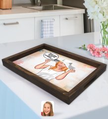 Kişiye Özel Kadın Nihayetinde Karikatürlü Doğal Ahşap Tepsi-6