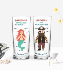 Kişiye Özel Renkli Baskılı Masanın En Güzel Kadını ve Yakışıklısı Tasarımlı İkili Rakı Bardağı Seti-1