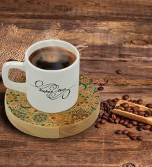 Kişiye Özel Retro Motif Tasarımlı Doğal Ahşap Tabaklı Türk Kahvesi Fincanı Model 11