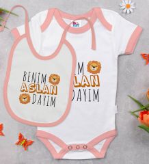 BK Kids Aslan Dayım Tasarımlı Pembe Bebek Body Zıbın ve Mama Önlüğü Hediye Seti-1