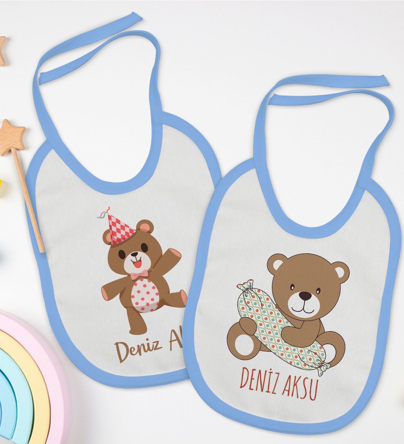 BK Kids Kişiye Özel Sevimli Ayı Tasarımlı 2’li Mavi Mama Önlüğü-1
