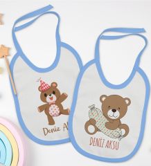 BK Kids Kişiye Özel Sevimli Ayı Tasarımlı 2’li Mavi Mama Önlüğü-1