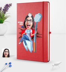 Kişiye Özel Kadın Diş Hekimi Karikatürlü Kırmızı Termo Deri Defter 16x24cm Model 3