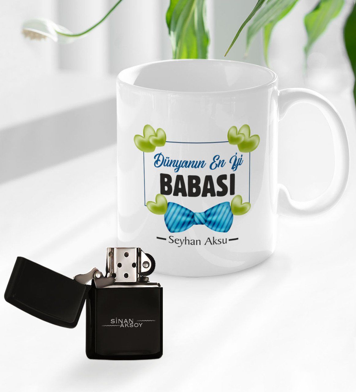 Kişiye Özel Dünyanın En İyi Babası Tasarımlı Kupa Bardak ve Benzinli Çakmak Seti - Model 1