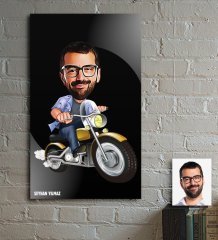 Kişiye Özel Bay Motorcu Karikatür Ahşap Tablo - 1