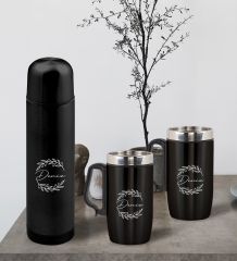 BK Gift Kişiye Özel Deri Çantalı Siyah Seyahat Termosu ve İkili Termos Mug Hediye Seti -5