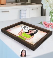 Kişiye Özel Kadın Nihayetinde Karikatürlü Doğal Ahşap Tepsi-5