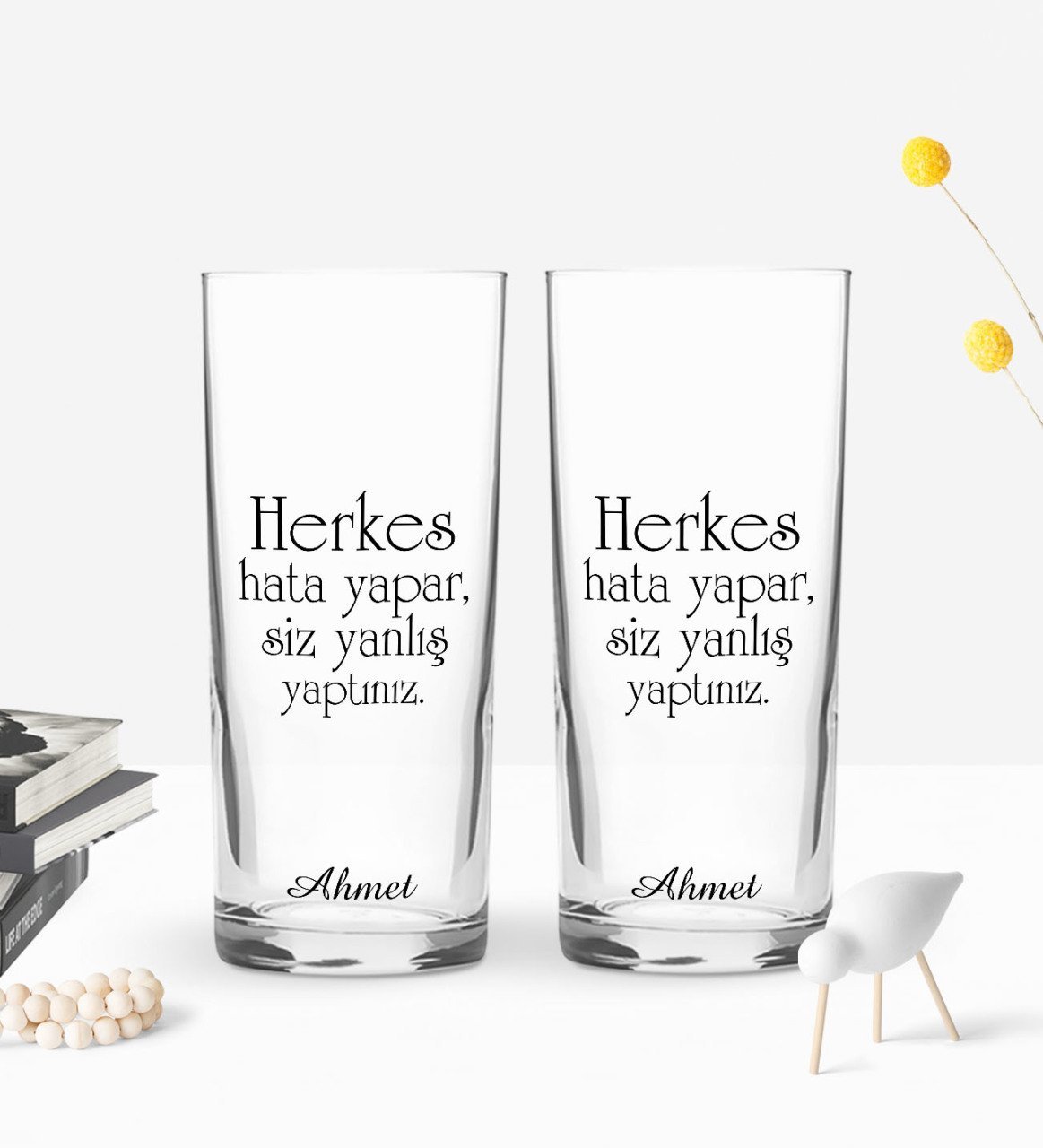 Kişiye Özel Renkli Baskılı Herkes Hata Yapar Tasarımlı İkili Rakı Bardağı Seti-1