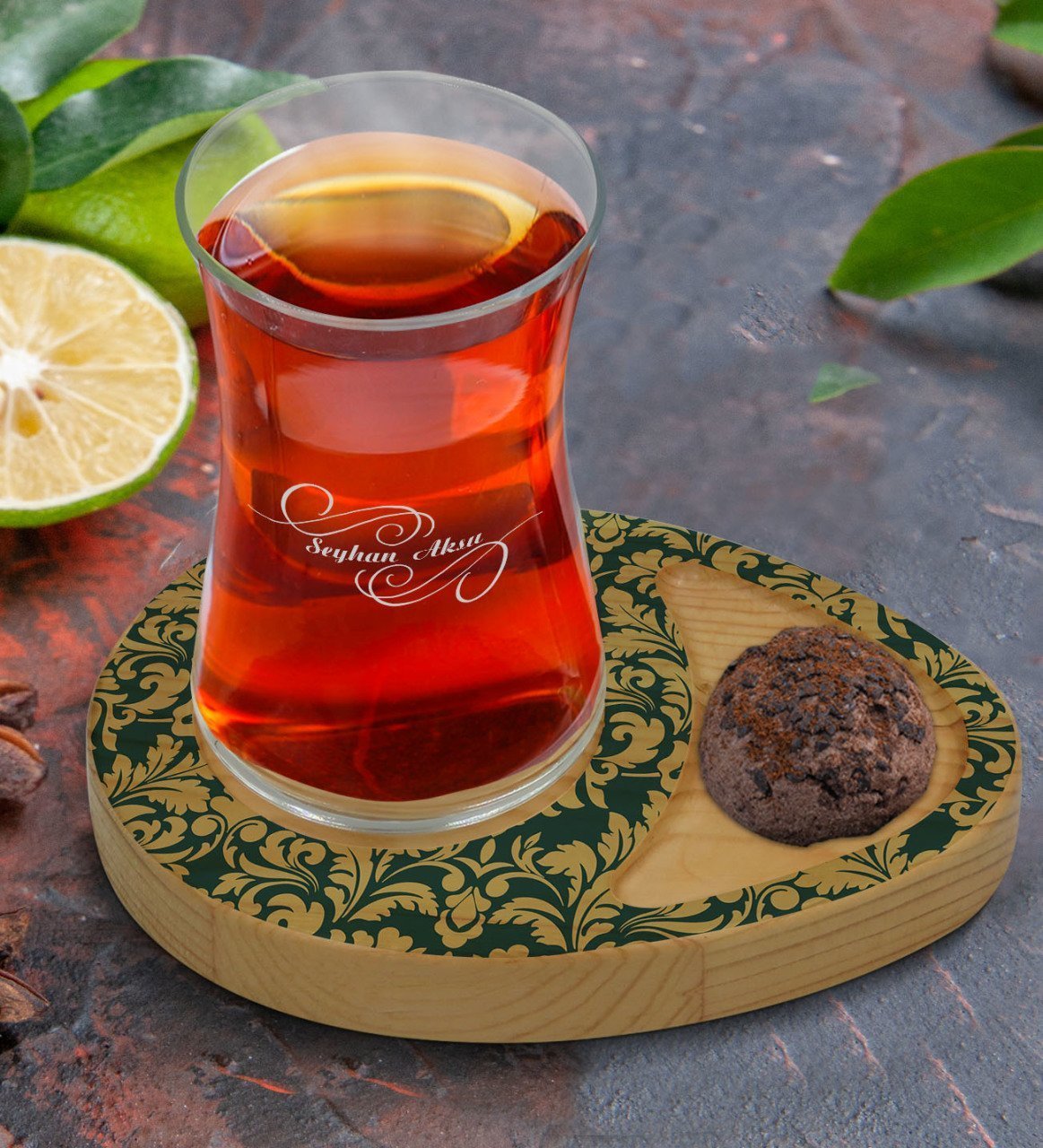 Kişiye Özel Retro Motif Tasarımlı Doğal Ahşap Tabaklı Heybeli Çay Bardağı Sunum Seti Model 8