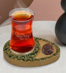 Kişiye Özel Retro Motif Tasarımlı Doğal Ahşap Tabaklı Heybeli Çay Bardağı Sunum Seti Model 8