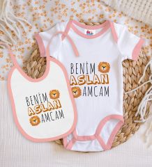 BK Kids Aslan Amcam Tasarımlı Pembe Bebek Body Zıbın ve Mama Önlüğü Hediye Seti-1