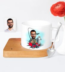 Kişiye Özel Balıkçı Karikatür Ahşap Altlıklı Seramik Fincan - 1