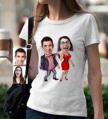 Kişiye Özel Sevgililer Karikatür Beyaz Bayan Tişört - 4