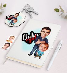 Kişiye Özel Baba Oğul Karikatürlü Beyaz Defter Kalem ve Anahtarlık Hediye Seti-5