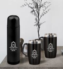 BK Gift Kişiye Özel Deri Çantalı Siyah Seyahat Termosu ve İkili Termos Mug Hediye Seti -4