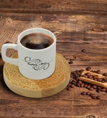 Kişiye Özel Retro Motif Tasarımlı Doğal Ahşap Tabaklı Türk Kahvesi Fincanı Model 9