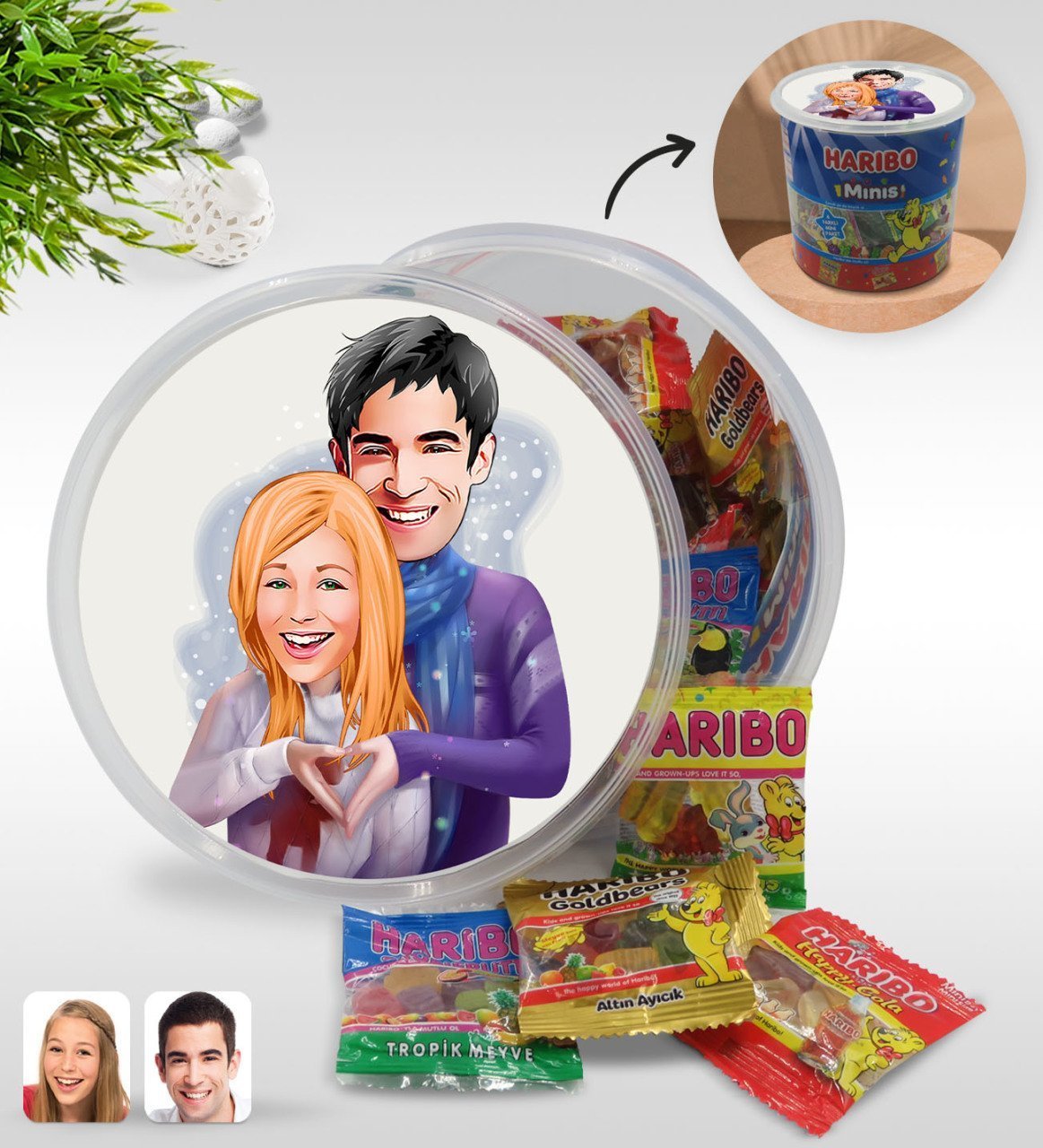 Kişiye Özel Sevgililer Karikatürlü Dev Boy Haribo Minis Kovası (10gx100adet) Model 89