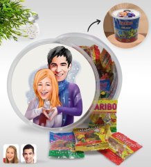 Kişiye Özel Sevgililer Karikatürlü Dev Boy Haribo Minis Kovası (10gx100adet) Model 89