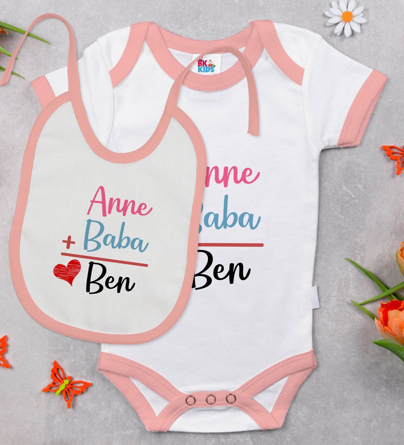 BK Kids Anne Baba Tasarımlı Pembe Bebek Body Zıbın ve Mama Önlüğü Hediye Seti-1
