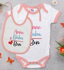 BK Kids Anne Baba Tasarımlı Pembe Bebek Body Zıbın ve Mama Önlüğü Hediye Seti-1