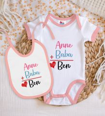 BK Kids Anne Baba Tasarımlı Pembe Bebek Body Zıbın ve Mama Önlüğü Hediye Seti-1