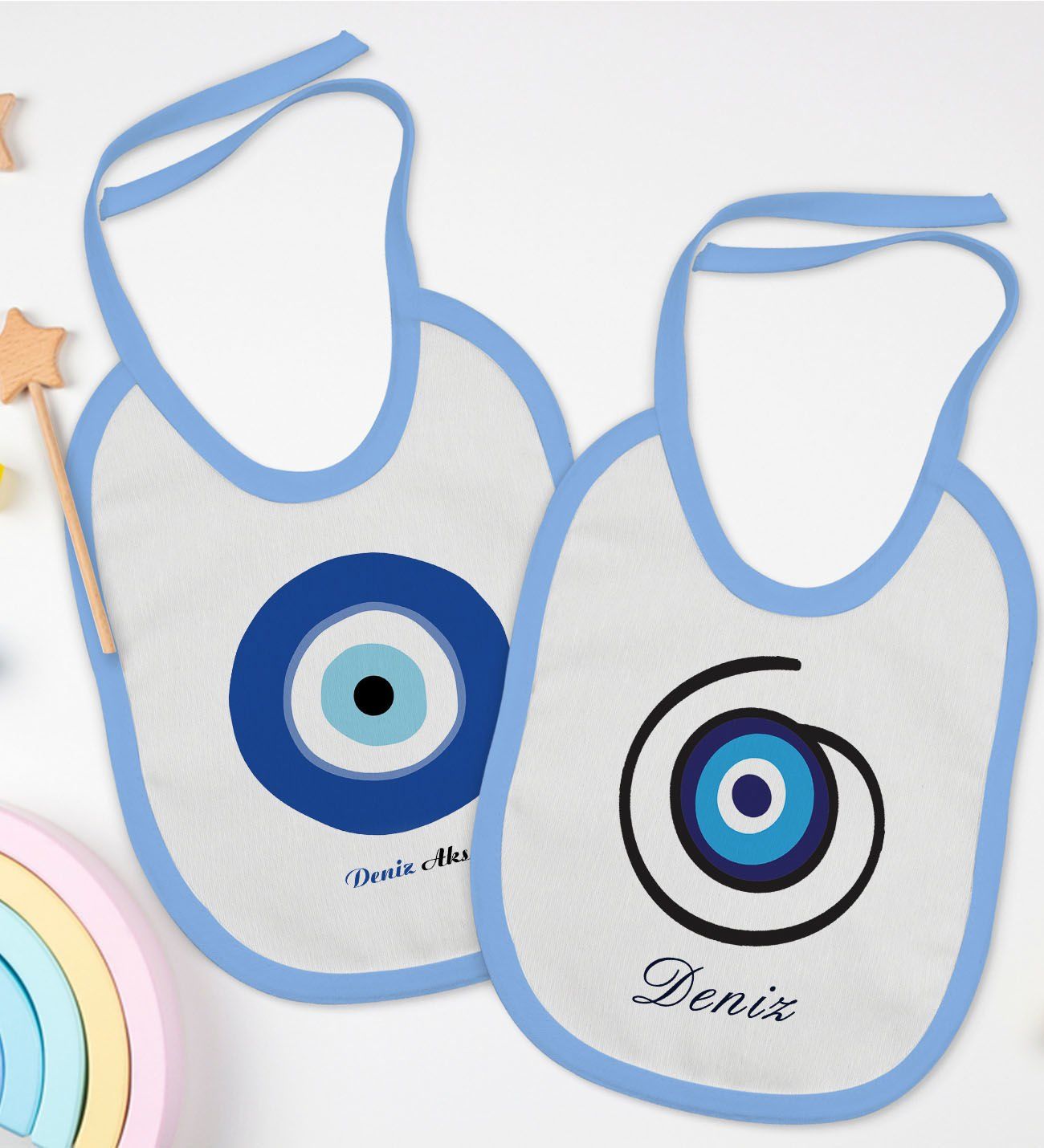 BK Kids Kişiye Özel Nazar Boncuğu Tasarımlı 2’li Mavi Mama Önlüğü-1