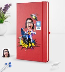 Kişiye Özel Kadın Diş Hekimi Karikatürlü Kırmızı Termo Deri Defter 16x24cm Model 1