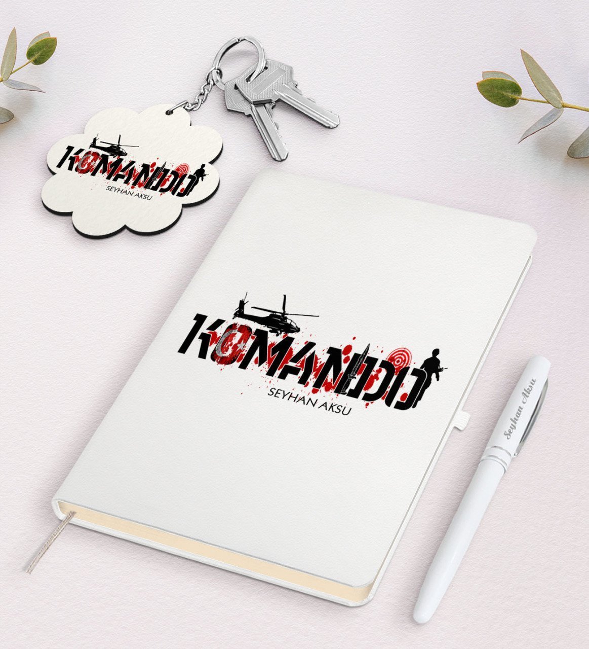 Kişiye Özel Komando Beyaz Defter Kalem ve Anahtarlık Hediye Seti