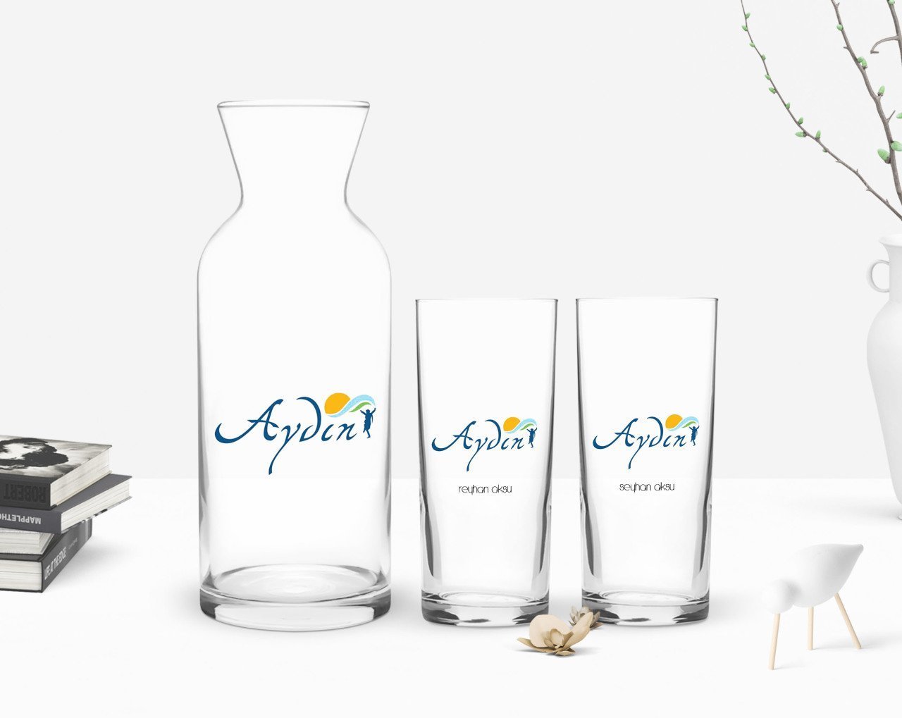 Kişiye Özel Renkli Baskılı Aydın Tasarımlı Turistik İkili Rakı Bardağı ve Karaf Hediye Seti-1