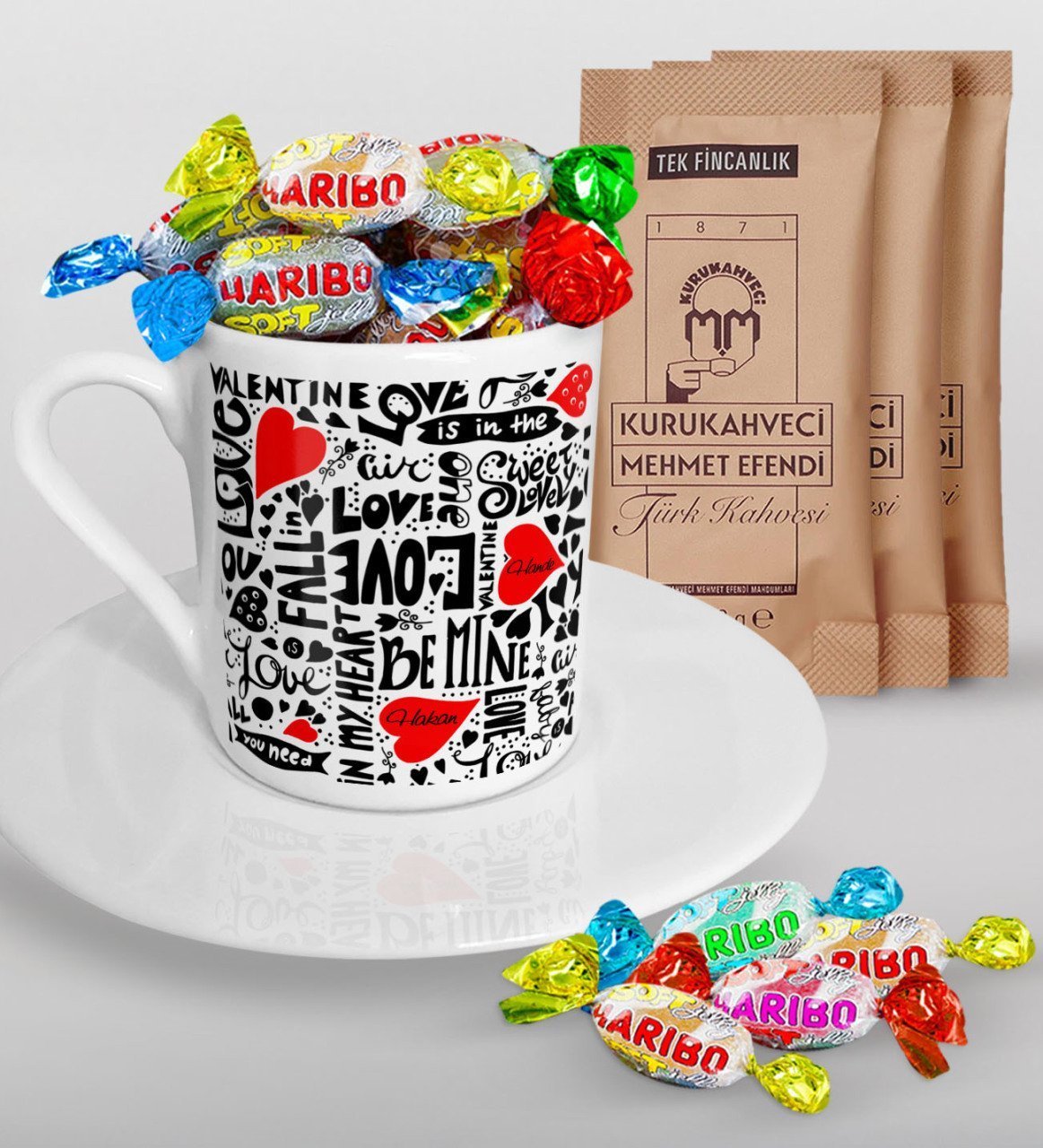 Kişiye Özel Sevgililer Günü Türk Kahvesi Fincanı Mehmet Efendi Kahve ve Haribo Şeker Hediye Seti-69